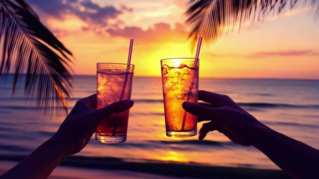 Tropical sunset toast with refreshing drinks on a beach