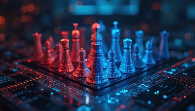 Chess game with red blue team pieces on circuit board. Cybersecurity breach simulation concept. Strategy digital attack threat protection. IT security information technology. - Powered by Adobe