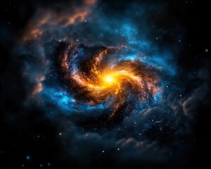 Obraz premium A mesmerizing cosmic swirl of vibrant orange and blue nebulae, swirling galaxies, and glitte stars creates a mystical and breathtaking high-resolution background image perfect