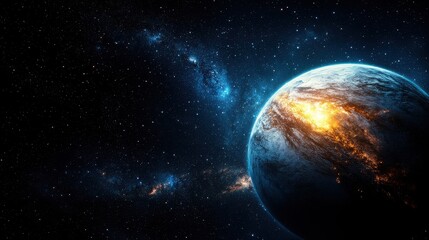 Obraz premium A breathtaking 4K high-resolution image showcases a fiery planet engulfed in flames amidst a vast expanse of nebulae galaxies and scattered stars in the infinite universe.