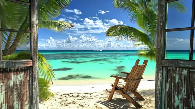 Tropical beach paradise viewed through open doors with palm trees and ocean waves