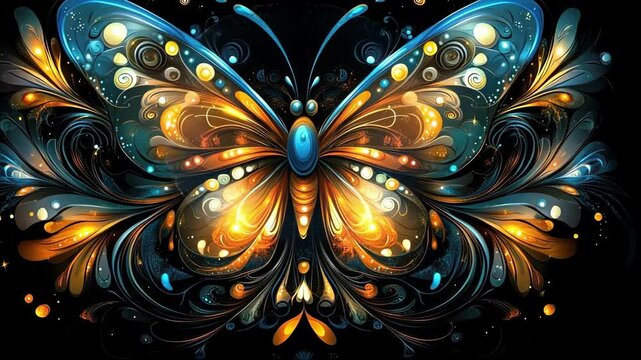 Vibrant abstract butterfly with swirling patterns in orange and blue colors