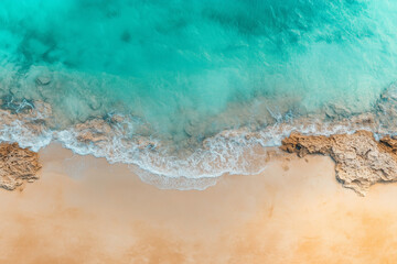 Beautiful Beach with Gentle Waves Washing Over a Sandy and Stone-Covered Shore: A Serene Top-Down View Capturing the Peaceful Rhythm of Nature, Tranquil Coastal Vibes, and Ocean Serenity