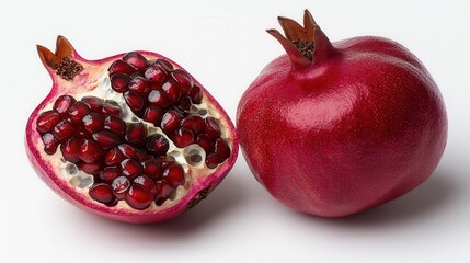Two red pomegranates, one whole and one cut in half