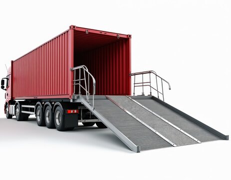 Red container truck with extended ramp for loading or unloading, isolated on white background. Commercial vehicle, cargo transportation, logistic service. Ready for shipment, delivery, haulage.