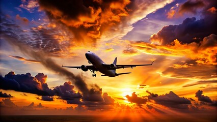 Silhouette of Airplane at Sunset, Dramatic Sky, Travel Photography