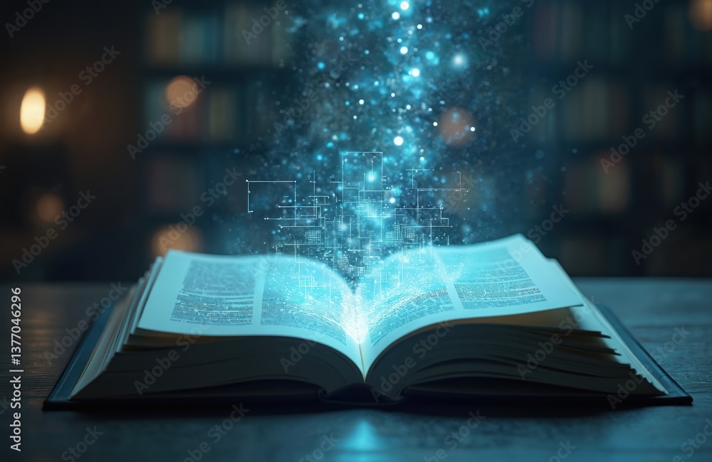 Aufkleber Open book digital data stream. Concept of knowledge information merging with tech. Information age, future of education, digital reading. Innovation, data, AI, learning, wisdom, futuristic.
