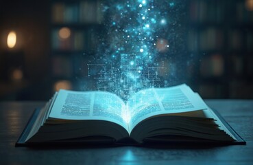 Open book digital data stream. Concept of knowledge information merging with tech. Information age, future of education, digital reading. Innovation, data, AI, learning, wisdom, futuristic.