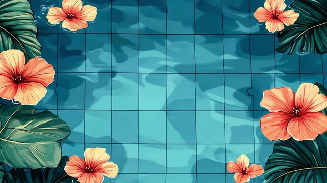 Vibrant hibiscus flowers and lush leaves around a clear blue pool