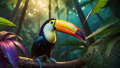 Fototapeta premium Jungle with a soft, diffuse glow. A toucan emerges in an atmosphere of mystery and enchantment.