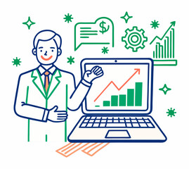 A stylized illustration of a person next to a laptop displaying an upward trending graph, surrounded by financial and business-related icons, representing growth and success.