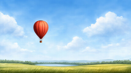 Naklejka premium vibrant hot air balloon floats gracefully over serene landscape, showcasing clear blue sky, lush green fields, and tranquil lake