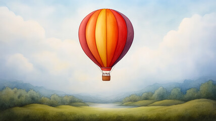 Obraz premium vibrant hot air balloon floats gracefully serene landscape, surrounded by soft clouds and rolling hills, evoking sense of adventure