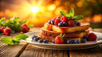 Silhouette of French Toast with Berries & Mint at Sunrise