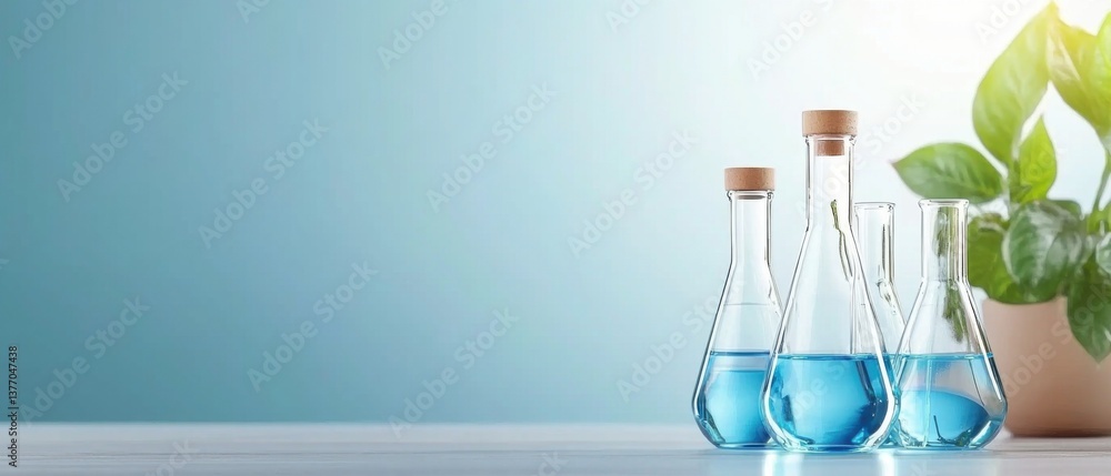 Poster a laboratory setup with a collection of clear glass test tubes and flasks filled with various vibran