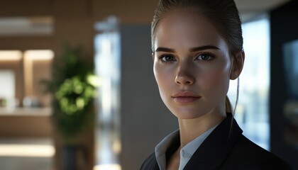 Naklejka premium Businesswoman with an infectious smile vibrant energy in a professional setting. Soft lighting casts a warm glow on her confident expression and polished appearance.