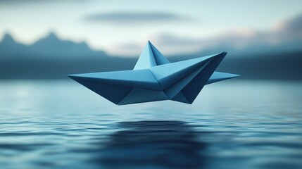 Floating Origami Boat on Water, Mountain Background