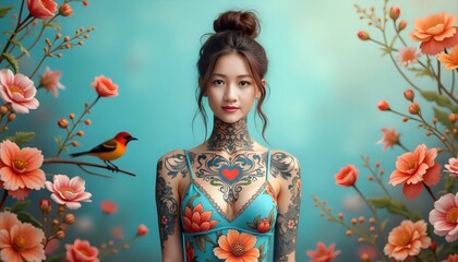 Fototapeta premium A woman with tattoos standing in front of a blue background surrounded by flowers