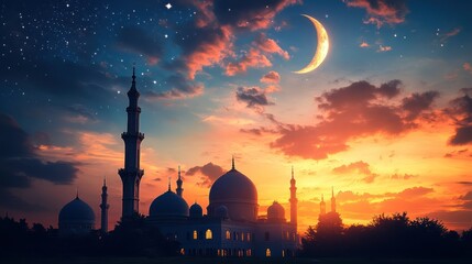 Night Mosque Sunset Crescent Stars (1)
