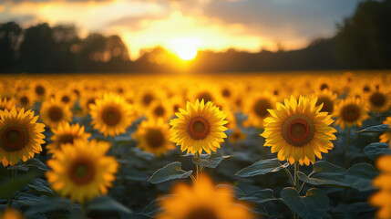 Obraz premium vibrant sunflower field glowing under golden sunset, with neatly arranged blooms creating serene and picturesque scene