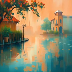 Rainy streets reflecting golden autumn tones
A quiet village scene filled with cozy afternoon stillness