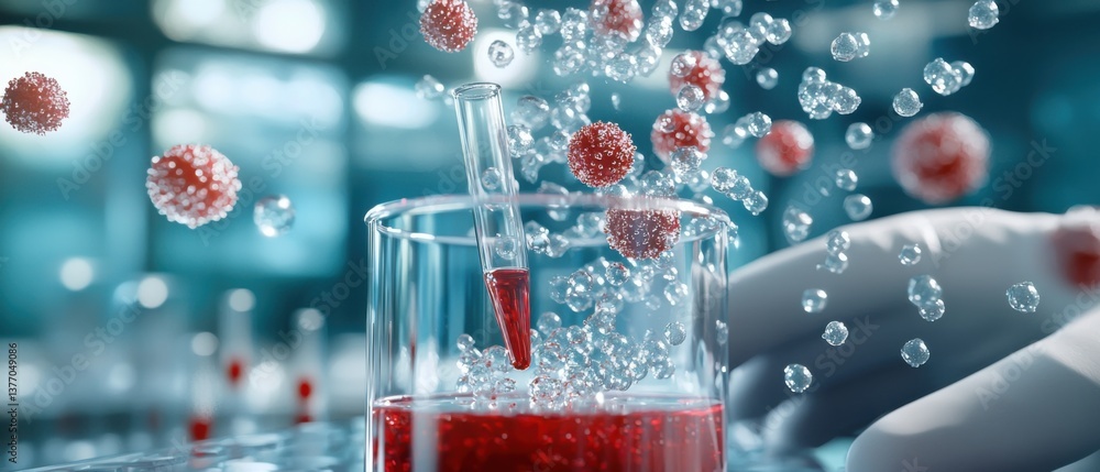 Poster close-up view of multiple transparent test tubes filled with various blood samples arranged in a sci