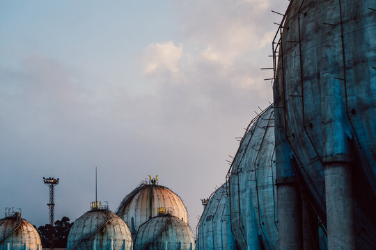 Spherical gas storage tanks dominating the industrial landscape