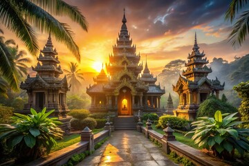 Fototapeta premium Southeast Asia Architectural Wonders: Stunning Sunrise Over Ancient Temples