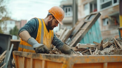 A construction worker loading construction debris into a skip. Featuring diligence and responsibility
