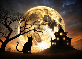 Spooky Halloween Silhouette: Creepy Cat & Haunted House Backdrop