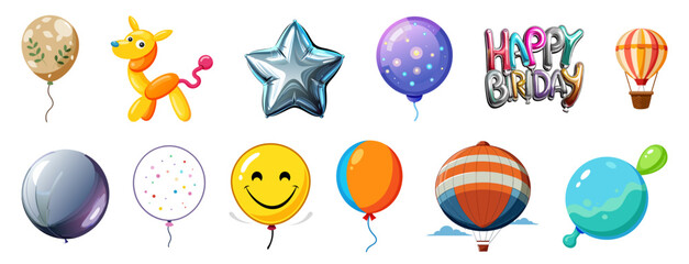 A collection of colorful illustrations featuring various balloon types—traditional, animal-shaped, and themed designs. Ideal for party decor, invitations, kids' products, and festive illustrations.