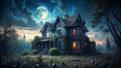 Obraz premium Spooky Haunted House Moonlit Night Halloween Wall Art Poster Background
