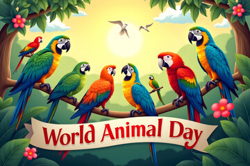 A Colorful World Animal Day Celebration with Vibrant Macaws Perched on a Branch, Surrounded by Lush Foliage and Gentle Sunlight, Promoting Conservation and Awareness