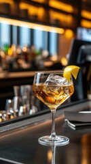 A glass of alcohol with ice and a lemon slice in it sits on a bar counter