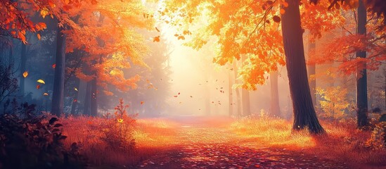 Autumn path, misty forest, falling leaves, sunlit