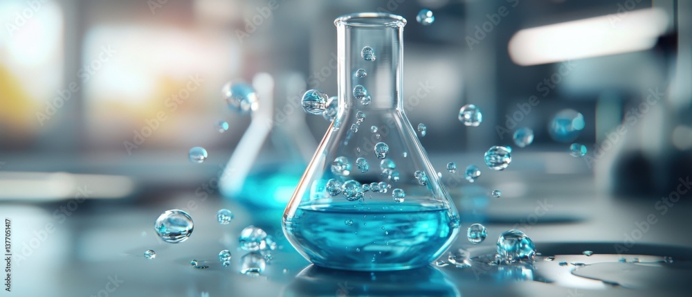 Poster a laboratory setup featuring an elegant arrangement of transparent conical flasks filled with bubbli