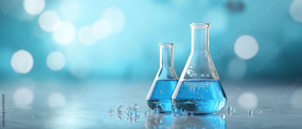 Poster an array of transparent conical flasks arranged in a symmetrical pattern, with bubbling liquids insi