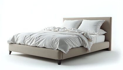 a double bed with white linens and pillows on a white background photo