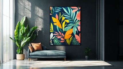 Vibrant Tropical Leaves Dark Background Modern Art Print Home Decor Stylish Watercolor Botanical Illustration Large Canvas Wall Art Picture Image  Floral Design Teal Orange Yellow Green Room Decor    