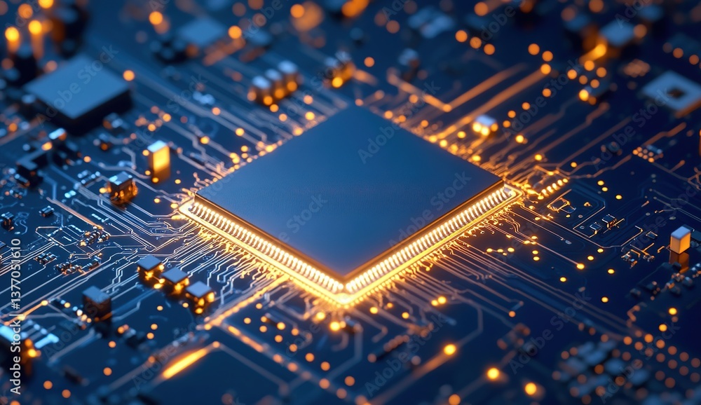 Poster closeup view of illuminated microchip on circuit board