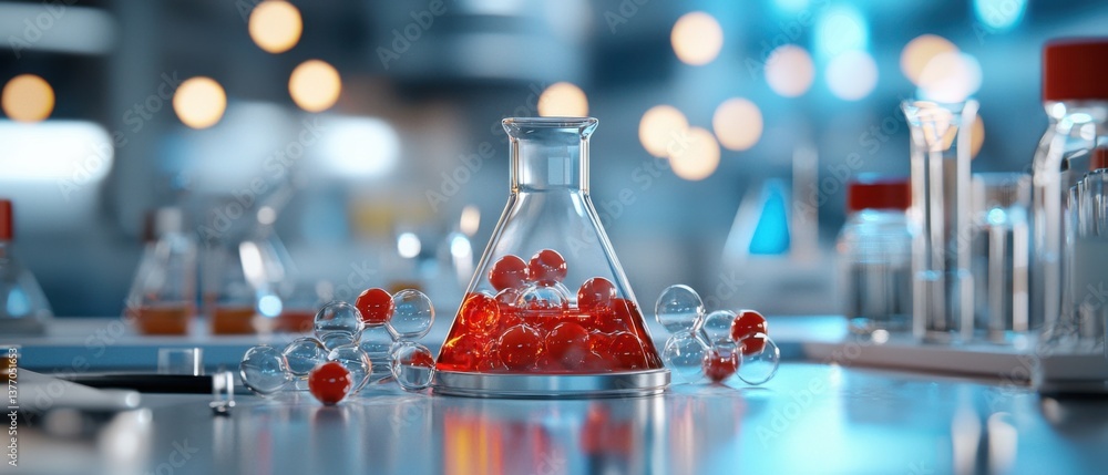 Poster detailed view of an elegant and precisely arranged chemistry experiment setup in a modern, well-equi