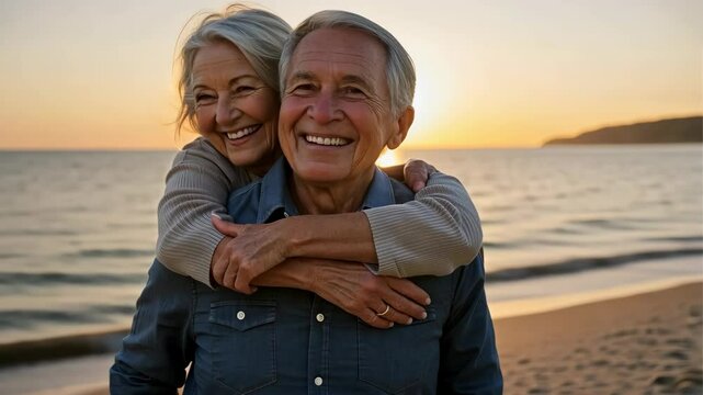 Old couple laughs and embraces each other on the beach, enjoying the sunset and their quality time together.