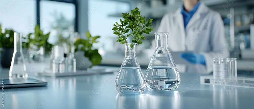Poster an assortment of laboratory glassware, including flasks and beakers, arranged on a table for a scien