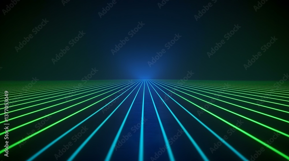 Poster the image shows a dark background with numerous parallel lines of bright teal and green light conver