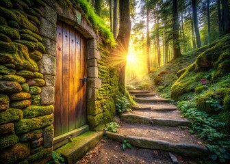 Obraz premium Sunlit Loop Forest Path, Mysterious Abandoned Door, Urban Exploration Photography