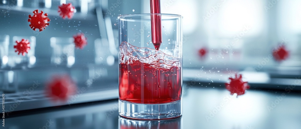 Poster a laboratory setting showing test tubes filled with a red liquid solution, representing experimental