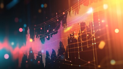 Abstract data visualization; vibrant graph lines, nodes, and bokeh effects on dark background