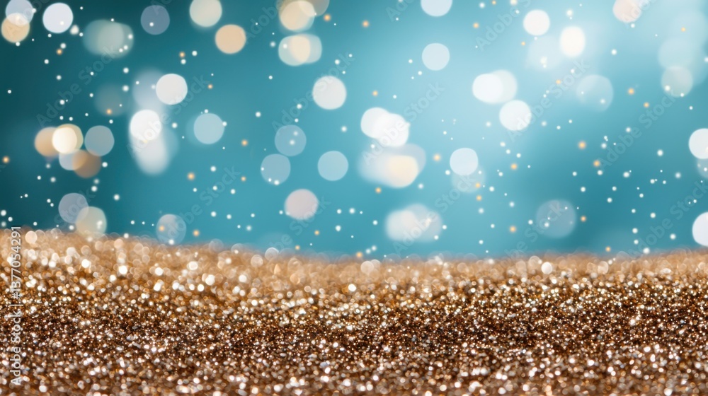 Poster vibrant and shimmering glitter texture with a soft, ethereal icy blue bokeh effect, creating a festi