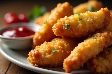 Close-up of crispy fried chicken wings in golden batter with fresh ketchup on the side, appetizer, crispy, batter