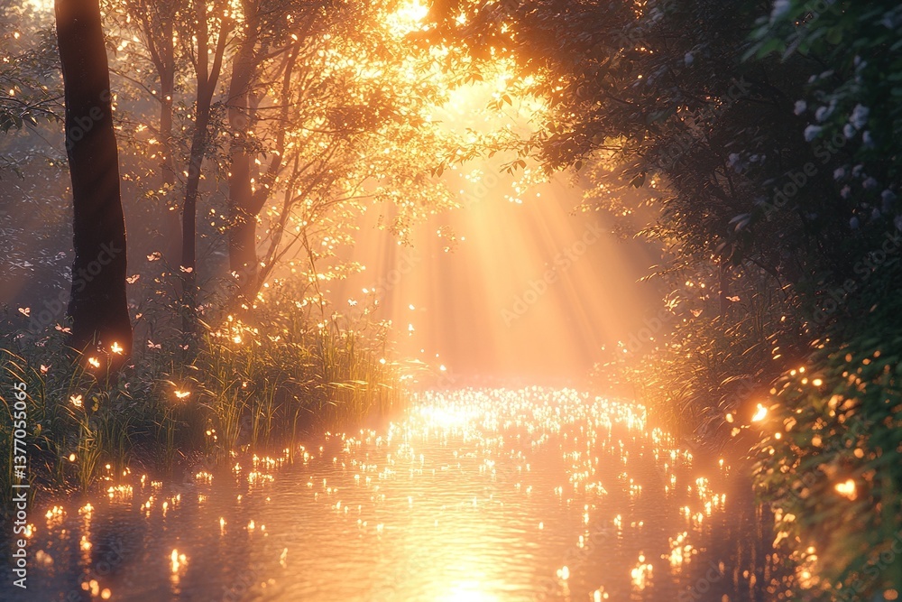 Poster luminous path through a sunlit forest glade with glowing ethereal particles
